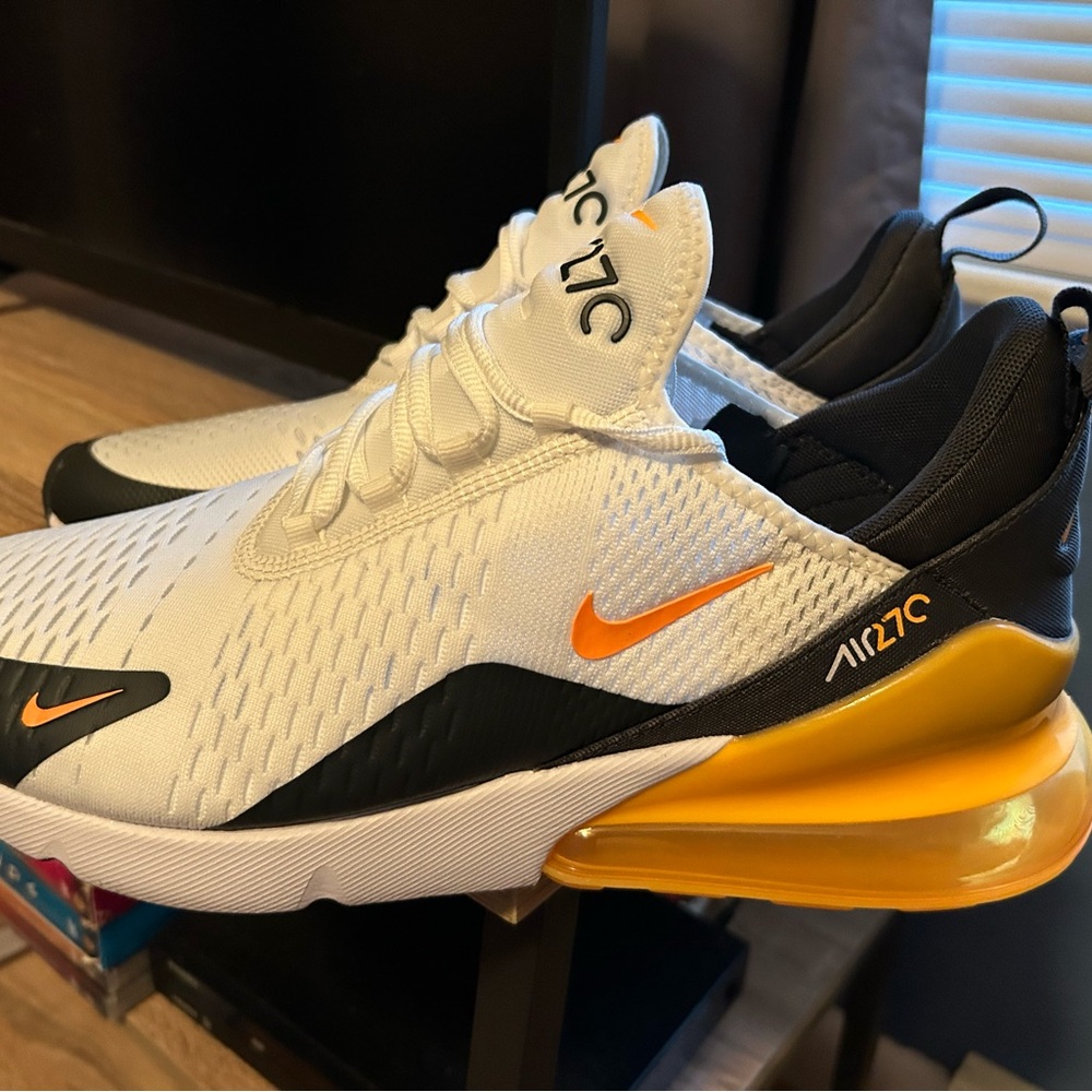 Nike Air Max 270 White and Orange Athletic Shoes